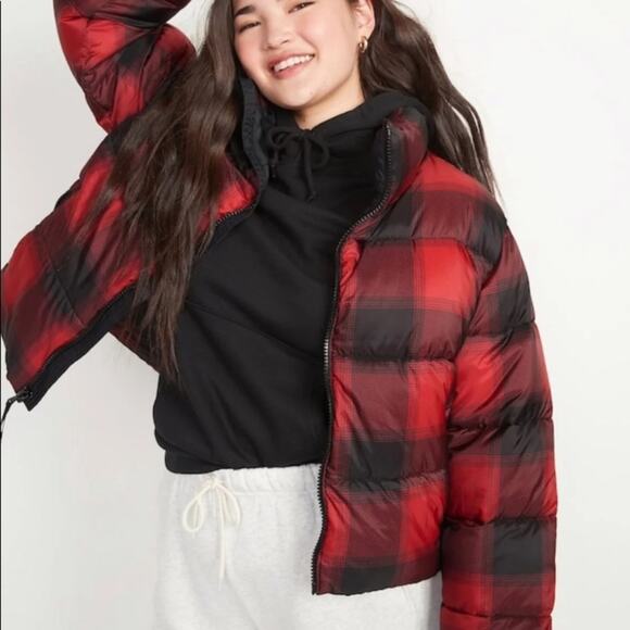 Old Navy Red Plaid Water Resistant Frost Free Short Puffer - Picture 1 of 9